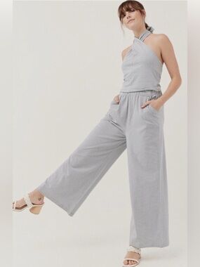 PACT Revive Halter Wrap Front Elastic Wide Leg Striped Jumpsuit Size XS $118